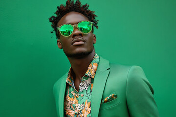Stylish man in a modern green suit and sunglasses in a bold fashion portrait.
