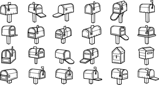 Black and White Line Art Mailbox Icons Set. Traditional Residential Postboxes for Home, Garden, and Postal Service Communication Design Elements.