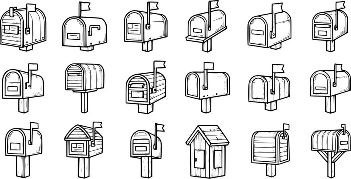 Hand-drawn Line Art Mailbox Collection. Black and White Doodle Set of Postboxes for Postal Service, Communication, and Home Delivery Concepts.