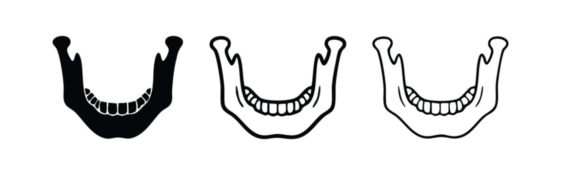 Human mandible bone vector icon set. Lower jaw anatomy with teeth symbol in various styles.