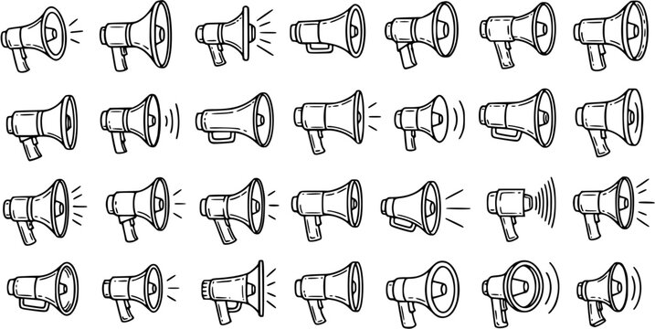 Hand-Drawn Megaphone Line Art Collection for Communication  Announcement. Black  White Outline Icons for Marketing, Public Address, and Protest Concepts.