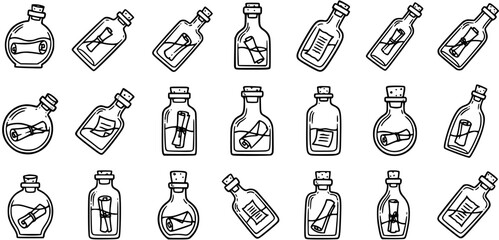 Black and White Line Art Message in a Bottle Icons Set for Communication, Adventure, and Discovery Themes - Hand-Drawn Outline Vector Collection © pixsource