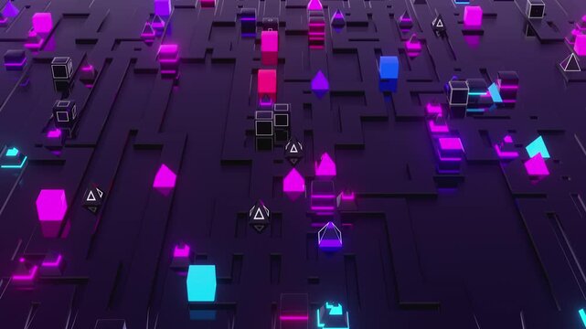 Endless loop representing systematic logic and algorithmic data flow for corporate webinars, VJ sets, high-tech club visuals,  electronic music festivals, stage screens and for LED video walls