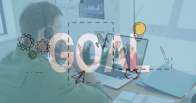 Seated man joining business call, software sketching GOAL overlay and icons while observing laptop