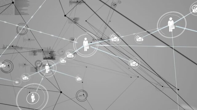 Starting pulse, core node sending beam in gray field linking briefcase icons forming work network