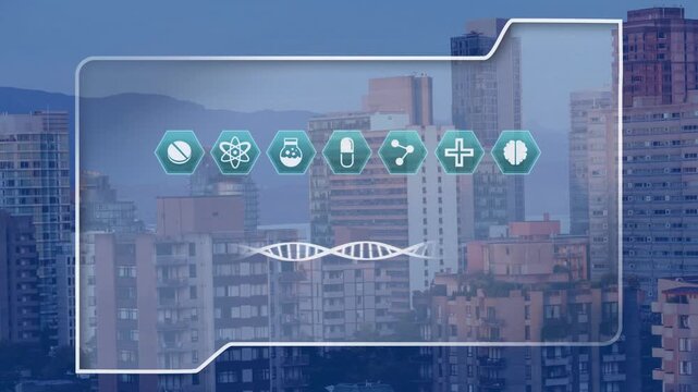 Appearing UI panel animating teal icons and DNA helix over urban skyline, showing medical data