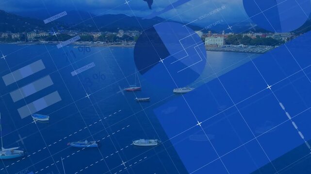 Calm bay holding moored boats on data feed arriving, data overlays rising for coastal monitoring