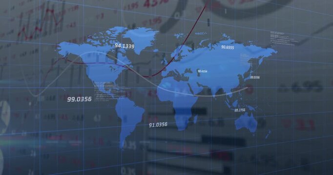 On refresh blue world map showing moving red, white lines, fading numeric labels, updating metrics