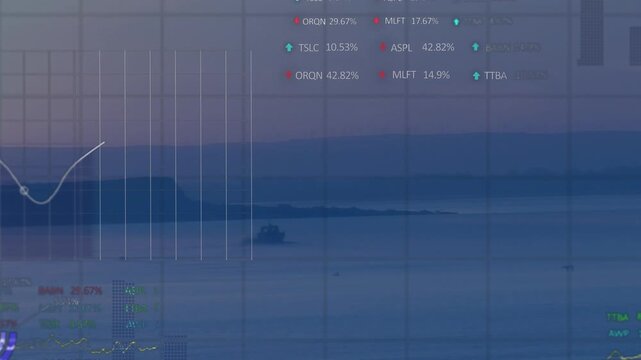 Data feed, UI overlays forming grid, bars rising, curve drawing, rings pulsing showing vessel data