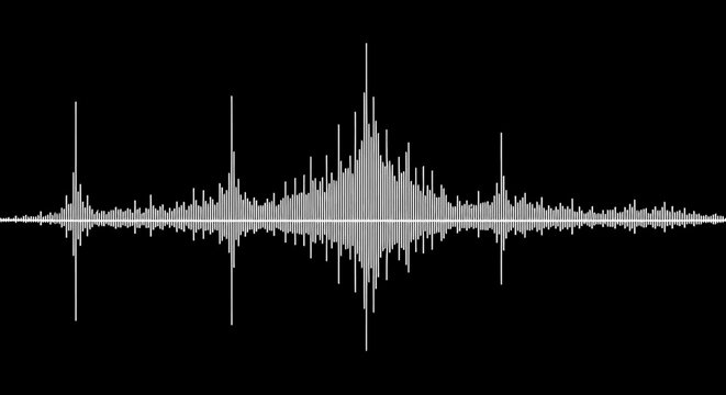 Audio Sound Wave Form with Frequency Peaks on Solid Black Background