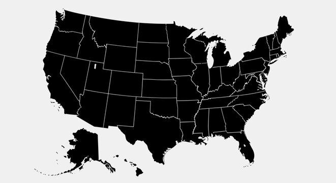 Solid black United States map with white state outlines in bright studio.