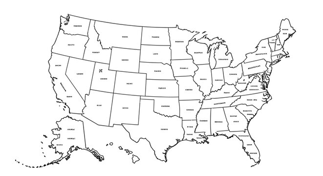 Minimalist outline map of United States with state divisions, white background.