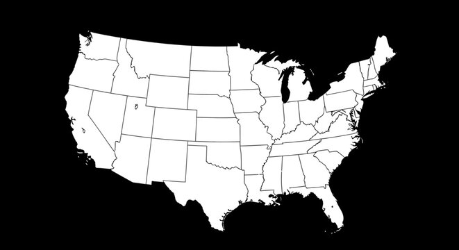 White United States map with black state outlines, black background.