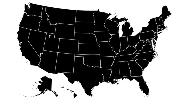 Solid black United States map with white state outlines, white background.