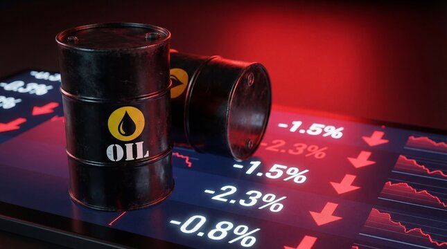 Oil barrels on a declining stock market graph with red lights