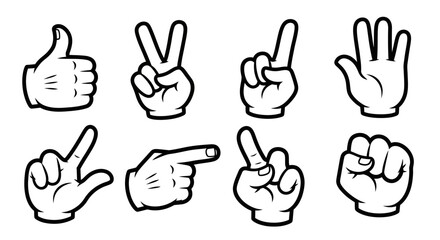 Obraz premium Cartoon Hand Gestures Set with Thumbs Up, Peace Sign, Pointing Finger, Four Fingers, and Fist, Isolated White Background