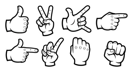 Obraz premium Cartoon Hand Gestures Collection with Thumbs Up, V Sign, Pointing, and Fist, Isolated White Background