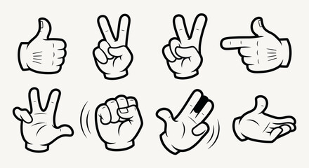 Obraz premium Set of outline hand gesture icons including thumbs up, peace sign, pointing, fist, and open hand in a bright studio.