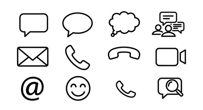 Set of outline communication icons including message, email, phone, and smiley face on an isolated white background.