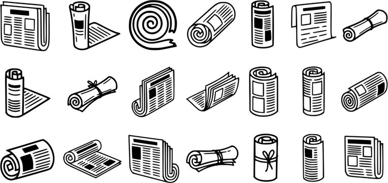 Black and White Line Art Icons of Various Newspapers and Scrolls, News Media Concept