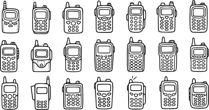 Black and White Line Art Set of Diverse Walkie-Talkies and Mobile Phones, Technology and Communication Icons