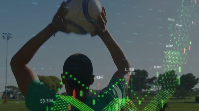 Green player raising ball and executing soccer throw-in, HUD charts guiding header and attacking