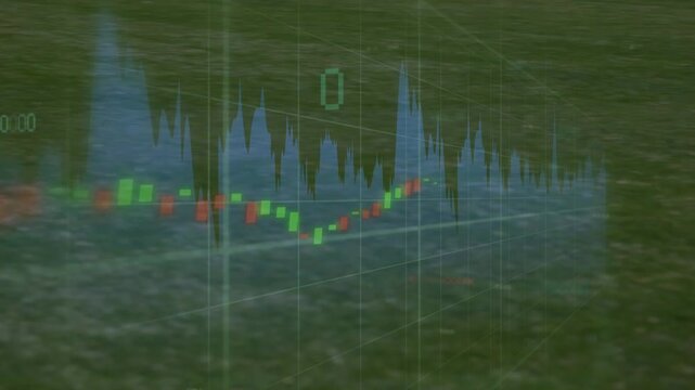Green foot stepping left, causing overlay animating charts while boot kicking ball for sports data