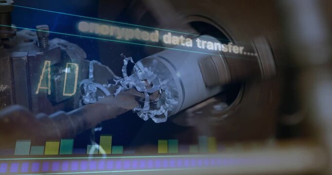 CNC lathe engaging workpiece, ejecting chips while HUD overlay animating ADMINISTRAT for monitoring