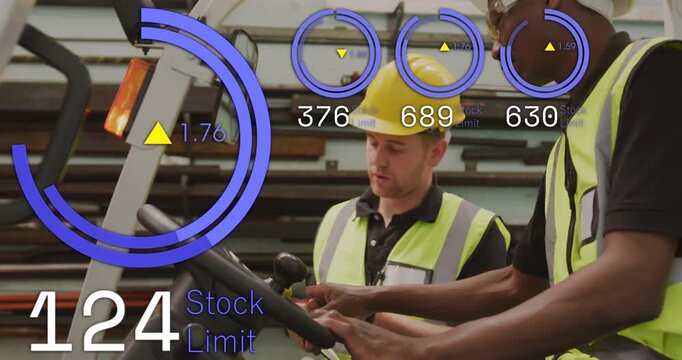 Warehouse lead guiding operator to reduce stock limit, pointing at HUD, gauges peaking then falling