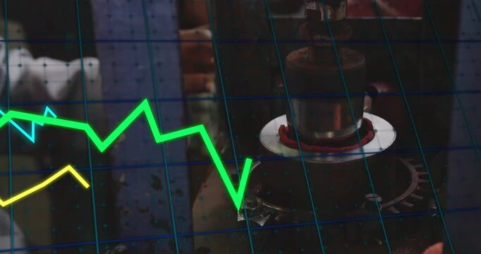 Tech reaching, peeling red seal from flange for testing, blue grid and graphs overlaying hands