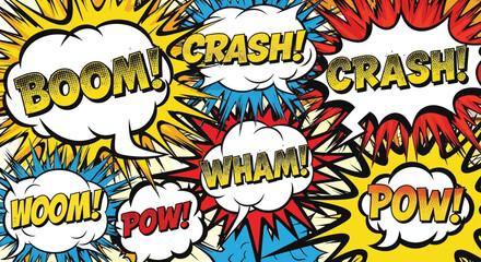 Energetic comic book explosion sound effects with "Boom!", "Crash!", "Wham!", and "Pow!" in a bright studio. © Bushcraft
