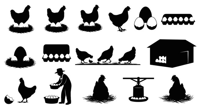 Black silhouettes of chickens and farmer.