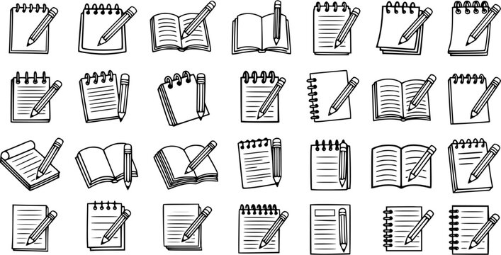 Education and Writing Stationery Doodle Icons: Hand-Drawn Black and White Line Art Set of Notebooks, Pencils, and Books for School and Office Themes