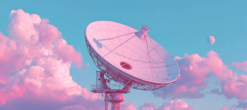 Parabolic satellite antenna dish searching for signal with pink blue fantasy sky scene. Generative video AI technology.	
