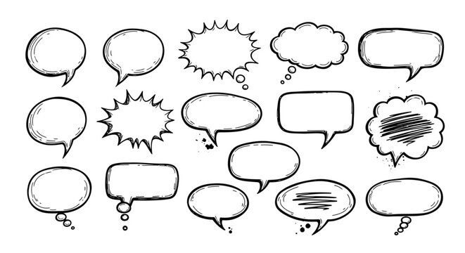Collection of Doodle Style Comic Speech and Thought Bubbles on Bright Studio Background