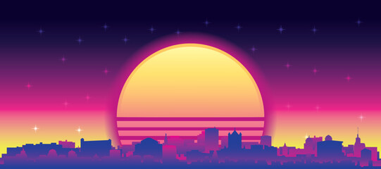 Naklejka premium Purple generic retro futuristic synthwave panoramic poster of the city skyline with misty background sunset buildings of GHENT, BELGIUM