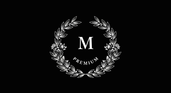 Elegant White Laurel Wreath with Letter M and Premium Text on Black Background