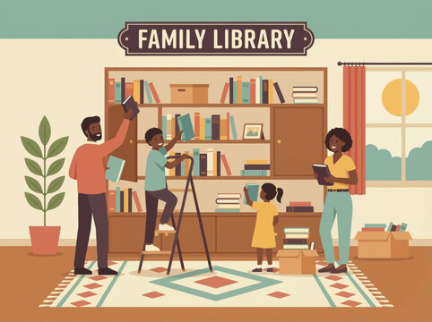 A cheerful family diligently works together, tidying and restocking bookshelves in their cozy home library, fostering a rich environment for learning, reading, and shared family moments
