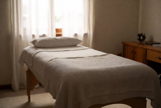A massage table is set up in a serene room.