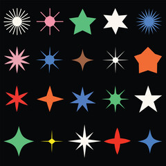 Obraz premium Collection of colorful abstract star shapes and sparkling geometric elements displayed on a dark background vector illustration