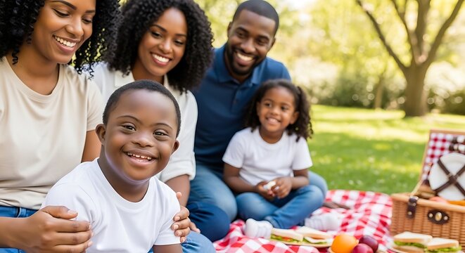 Black family enjoying picnic outdoors with  child with Down syndrome