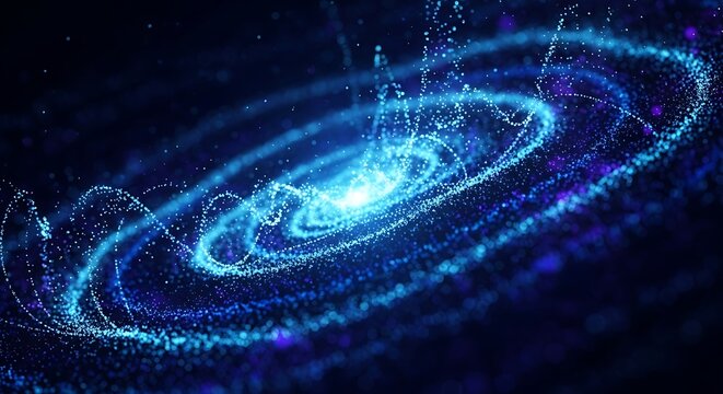 Abstract glowing blue spiral particles forming universe galaxy, dynamic digital data stream visualization on dark background