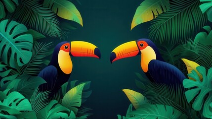 Fototapeta premium Rainforest wildlife layered with toucans, vines, and misty background