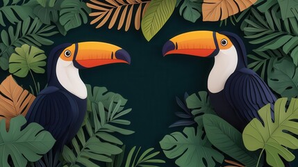 Fototapeta premium Jungle wildlife scene with toucans and lush foliage, vibrant wall art