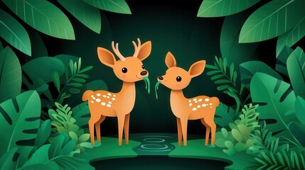 Naklejka premium Forest edge with deer drinking from stream, detailed natural habitat illustration