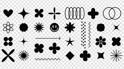 Fototapeta premium Collection of diverse abstract geometric shapes and icons isolated on a transparent background for graphic design vector illustration