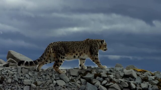 Resilient Snow Predator Navigates Rocky Terrain Beneath Turbulent Clouds In Cold Wilderness