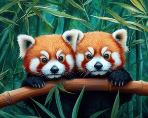 Obraz premium Red pandas in bamboo forest habitat, whimsical and warm wall decor