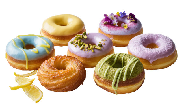 Isolated colorful gourmet glazed donuts and sweet cronut pastries with various vibrant toppings