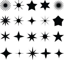 Obraz premium Collection of diverse black star shapes and sparkling graphic elements isolated on white